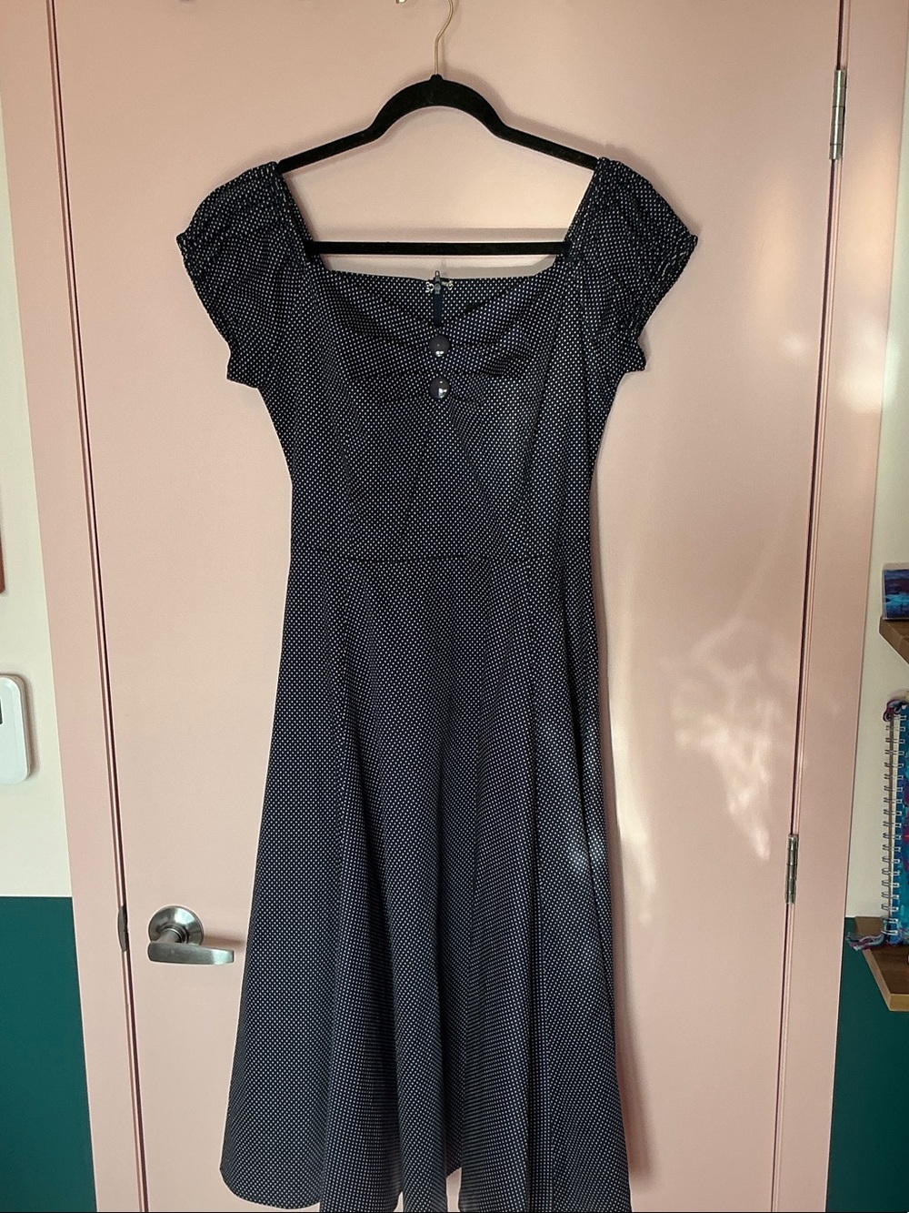 Collectif Navy Polka Dot Cap-Sleeve Midi Dress Small